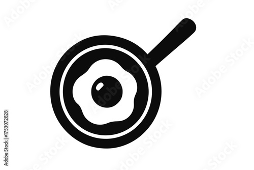 Simplistic frying pan icon with fried egg design in monochrome