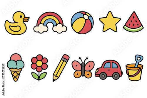 Colorful summer icons: duck, rainbow, star, watermelon, ice cream, flower, pencil, butterfly, car, sand bucket