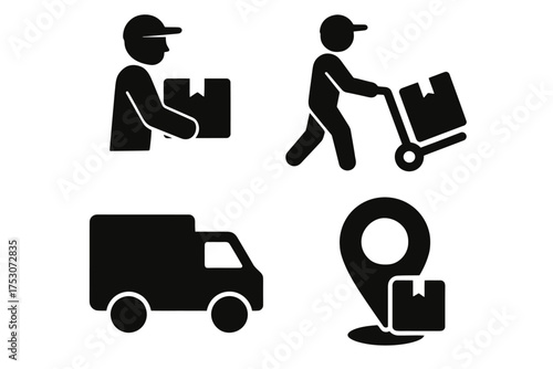Delivery service icons: courier, package, truck, and location symbols
