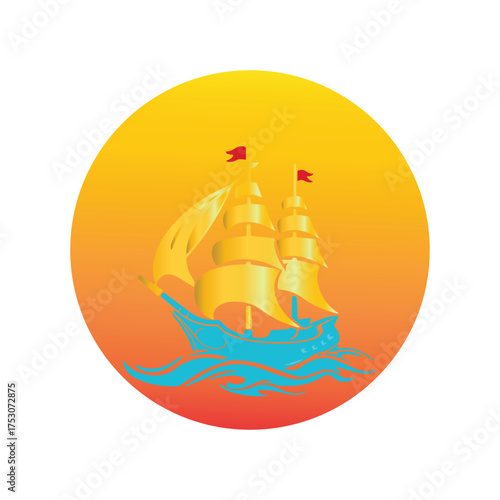 Stylized galleon sailing on a vibrant ocean sunset