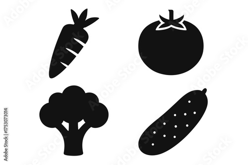 Silhouette icons of carrot, tomato, broccoli, and cucumber on white background