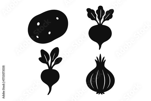 Silhouettes of potato beetroot radish and onion on white background