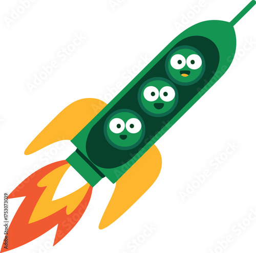Green rocket ship carrying three happy peas through the sky vector