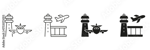 Airport Control Tower And Airplane Icon Set. Aviation Management, Flight Operations, And Air Traffic Control Symbol Collection. Travel And Transportation Infrastructure. Isolated Vector Illustration