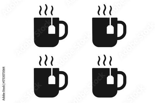 Black silhouette of tea cups with steam and teabag icons