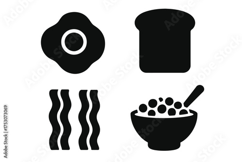 Breakfast icons: egg, toast, bacon, cereal silhouettes