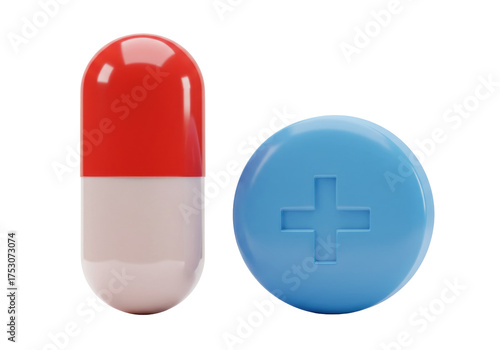 Red and white capsule isolated, with blue pill with plus sign, medicine and healthcare concept, on transparent background