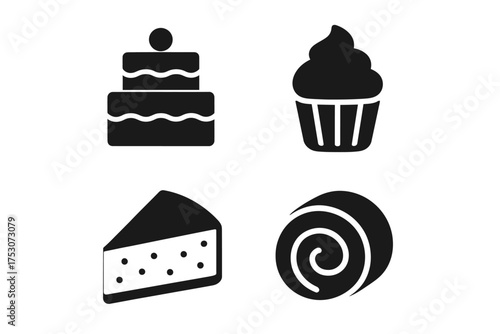 Black silhouette icons of cake, cupcake, cheesecake, and swiss roll on white background