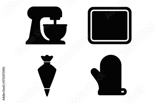 Baking equipment icons: mixer, rolling pin, oven mitt, piping bag set