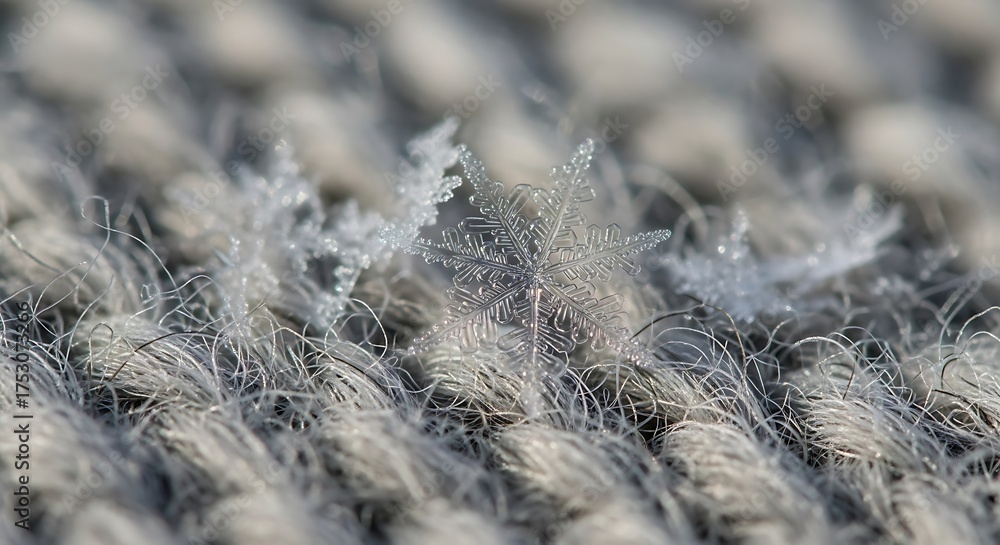 Obraz premium Delicate Snowflakes on Textured Fabric: A Macro Perspective of Winter's Intricate Ice Crystals on a Cozy Gray Textile Surface