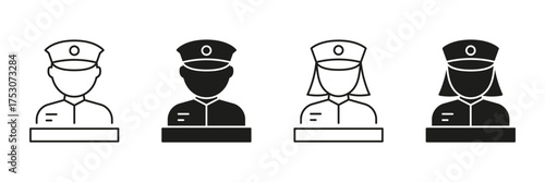 Police Officer And Nurse Icon Set. Law Enforcement And Healthcare Professional Silhouette Symbol Collection. Gender Representation In Uniforms. Isolated Vector Illustration
