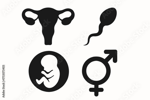 Reproductive health symbols: uterus, sperm, fetus, gender sign icons