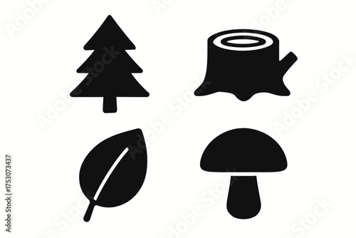 Nature icons: tree, stump, leaf, mushroom silhouettes
