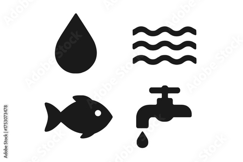 Water conservation symbols: drop, waves, fish, and faucet icons in black silhouette