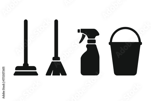 Silhouette of cleaning tools: plunger, broom, spray bottle, bucket