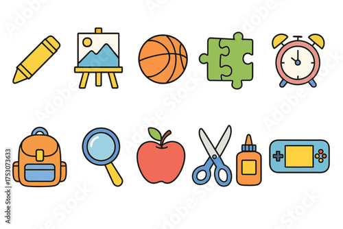 Colorful educational tools and icons for children's learning and creativity