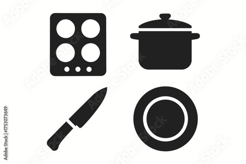 Kitchen appliance and utensil icons set: stove, pot, knife, plate silhouettes