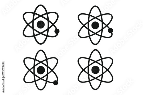 Atomic structure icons: black and white illustrations of atom symbols
