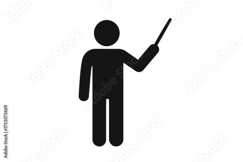 Minimalist black stick figure icon pointing with stick on white background
