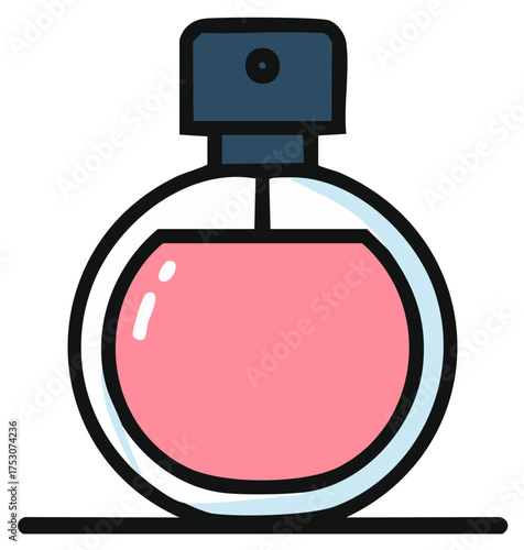 Stylized illustration of a round pink perfume bottle with a dark blue cap