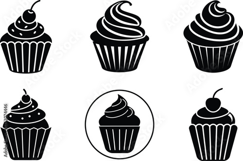 Set of Cupcake Silhouettes with Frosting and Cherry Vector Illustration