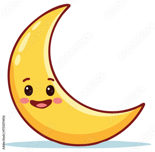 Smiling cartoon crescent moon with happy face and rosy cheeks