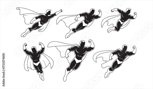Vector illustration of superhero silhouettes – dynamic flying hero figures for design and inspiration