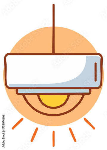 Cartoon illustration of a modern pendant lamp with light rays