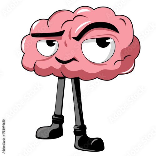 A hand-drawn cartoon brain with eyes, legs, and big boots on a white background. A cute brain icon, picture for a screensaver, character, icon, or sticker.