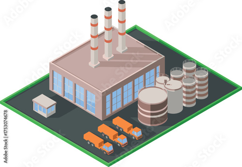 Isometric 3D illustration of industrial factory with fuel storage tanks, transport trucks, and chimneys in modern energy plant design