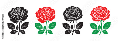 Stylized Floral Rose Set in Red and Black Tones