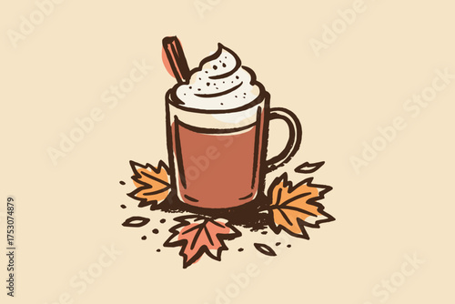 Pumpkin latte with whipped cream cartoon sketch vector illustration
