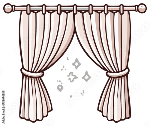 Drawn Curtains Tied Back on a Rod with Floating Stars and Dots in the Center