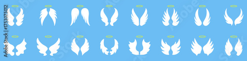 Elegant White Angel Wings With Halo Solid Icon Set. Collection Of Graceful Wing Silhouette Icons. Spiritual Ascent, Divinity, And Celestial Guidance. Isolated Vector Illustration
