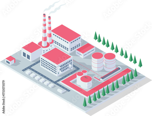 Isometric 3D illustration of modern industrial factory with storage tanks, chimneys, and energy plant infrastructure in clean design