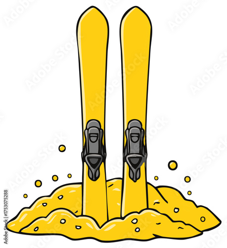 Cartoon illustration of yellow alpine skis with bindings standing in a snowdrift.