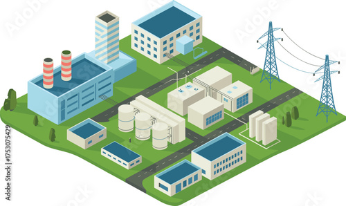 Isometric 3D illustration of modern industrial factory with storage tanks, chimneys, vehicles, and refinery plant infrastructure design concept