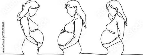 Three pregnant women in different stages drawn in one continuous line isolated on white background