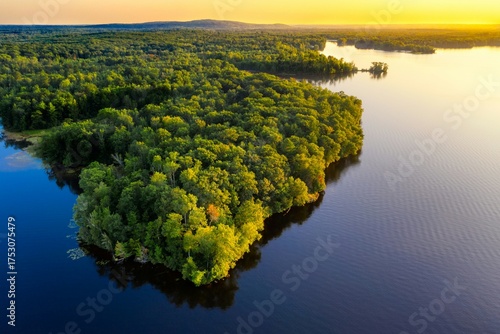 Breathtaking aerial view of a lush green forest meeting a tranquil lake at golden hour, perfect for travel brochures, environmental campaigns, or showcasing serene natural beauty