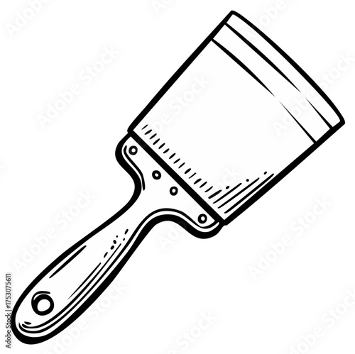Black and white drawing of a wide paint scraper tool with a long handle