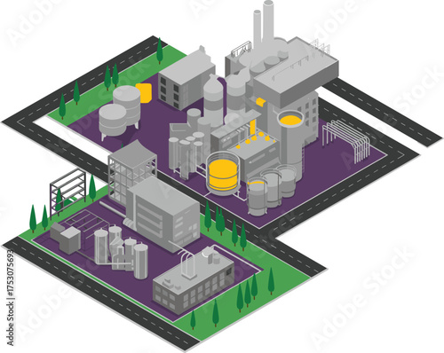 Isometric 3D illustration of modern industrial refinery complex with storage tanks, pipelines, and power plant infrastructure design concept