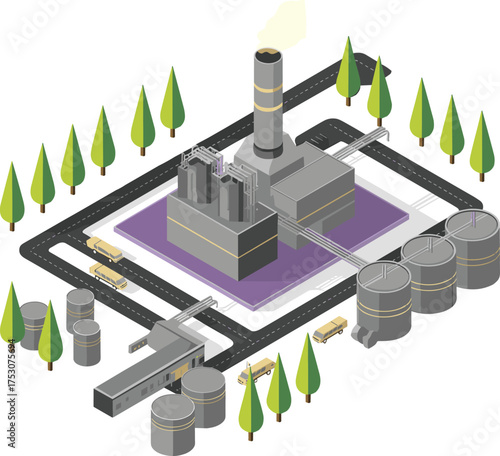 Isometric 3D illustration of modern industrial refinery complex with storage tanks, pipelines, and power plant infrastructure design concept