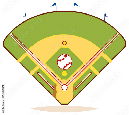 Illustration of a baseball field with a baseball at home plate and blue flags on the outfield fence