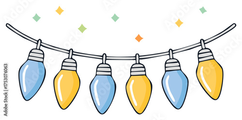 Hand drawn cartoon light bulbs on a string with colorful diamond shapes floating around