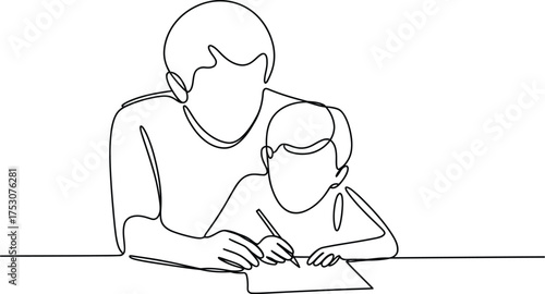 Father helping son with homework isolated on white background, continuous line drawing