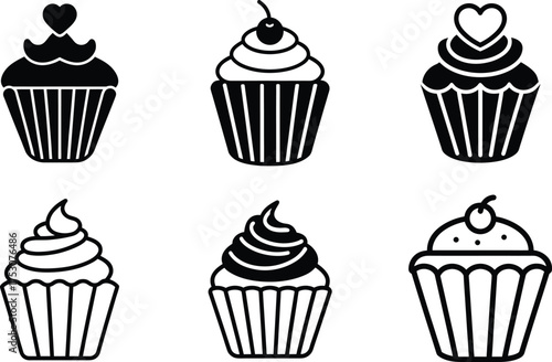 Cupcake Silhouettes with Frosting, Cherry, and Heart Decoration Vector Set
