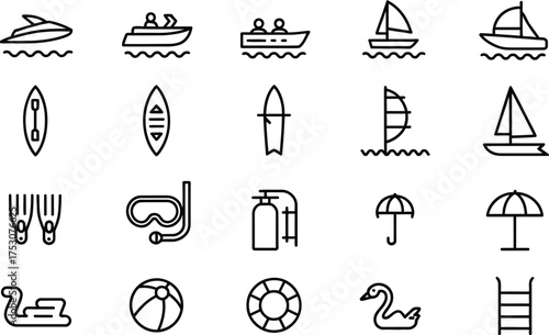 Water sports and beach activities line icons isolated on white background summer vacation concept