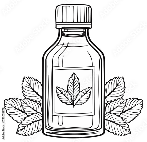Herbal Medicine Bottle with Mint Leaves Black and White Line Art Illustration