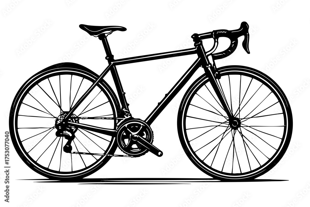 Obraz premium Black and white illustration of a road bike in side view with detailed frame