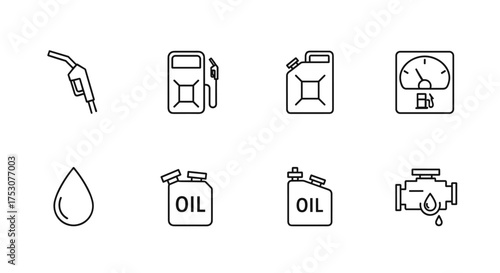 Fuel and oil line icon set. Gas pump nozzle, jerrycan, petrol canister, fuel gauge, oil drop, motor engine. Automotive, transport, energy, and industry vector symbols.